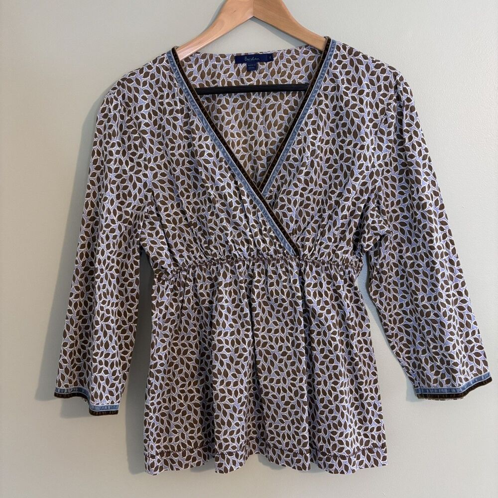 Boden Women’s V-Neck Top Leaf Print Velvet Trim Sz 14 Boho Goblin Nature Nomadic